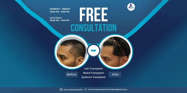 Promotional image for free hair transplant consultations at a medical center.