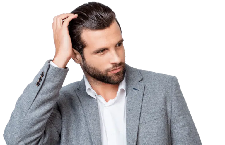 Professional in a gray suit pondering a decision, with face pixelated for privacy.