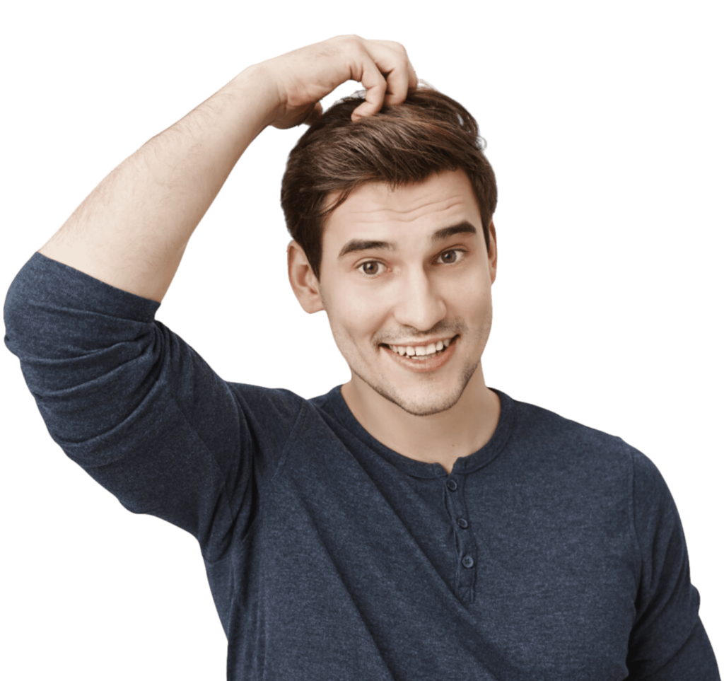 Person in blue shirt making a thoughtful gesture, scratching their head.